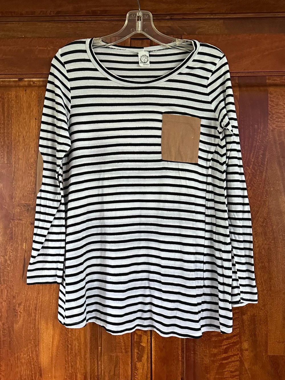 Sun& Moon Black & White Striped Top with Tan Pocket Detail